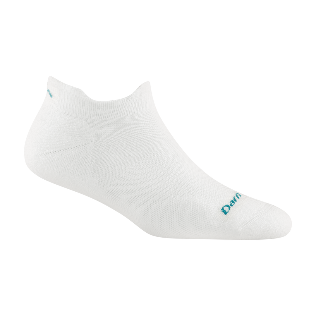 1047 women's no show tab running sock in color white with teal darn tough signature on forefoot