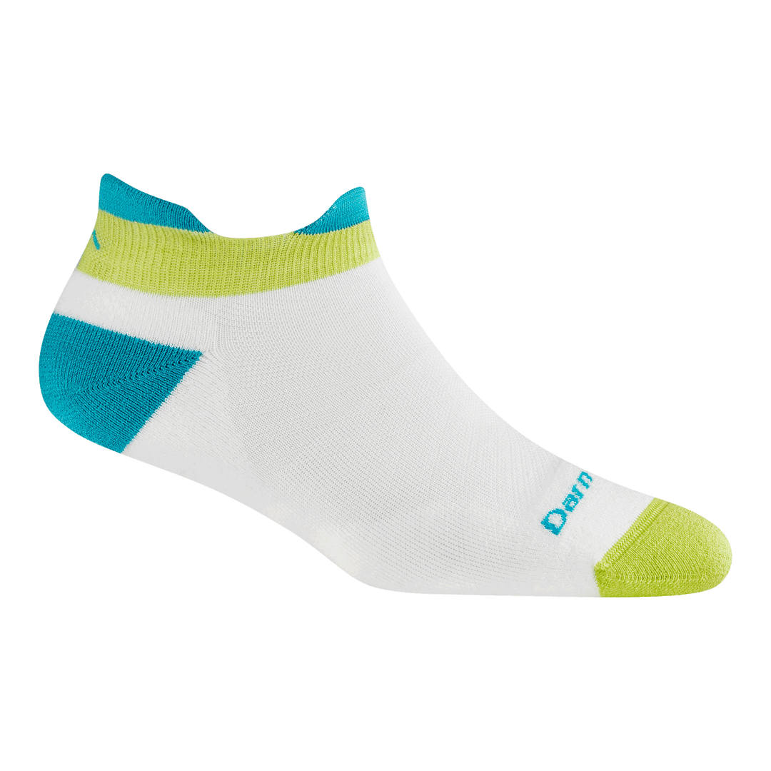 1047 women's no show ultra lightweight running sock in white teal featuring a green toe/cuff teal heel/tab and white body 