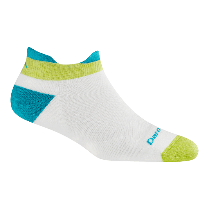 1047 women's no show ultra lightweight running sock in white teal featuring a green toe/cuff teal heel/tab and white body 