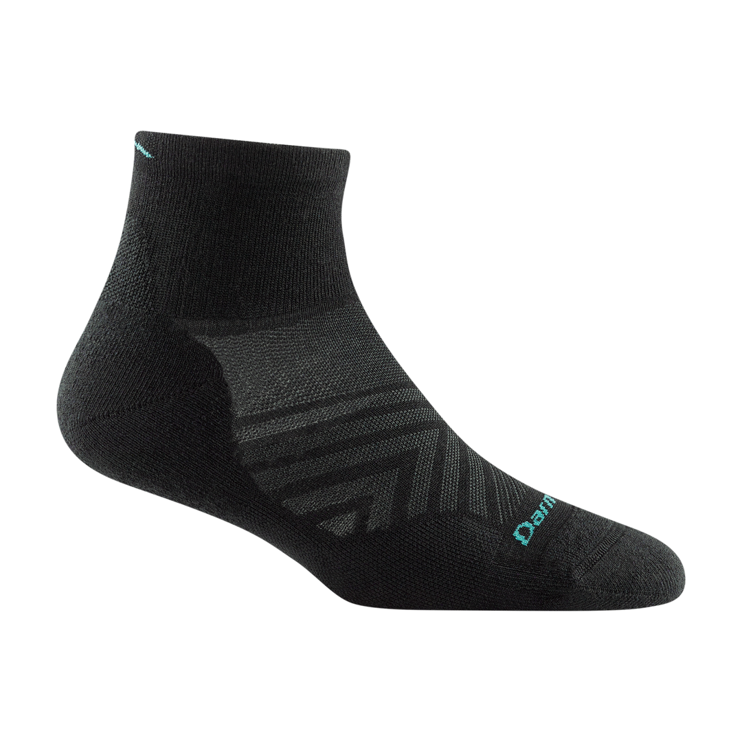 1048 women's quarter running sock in black with grey chevron forefoot detailing and light blue darn tough signature