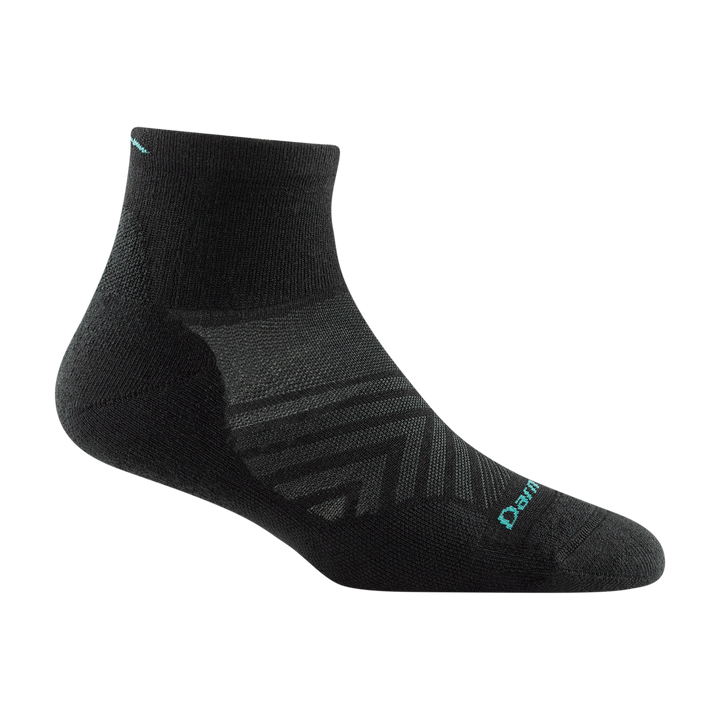 1048 women's quarter running sock in black with grey chevron forefoot detailing and light blue darn tough signature