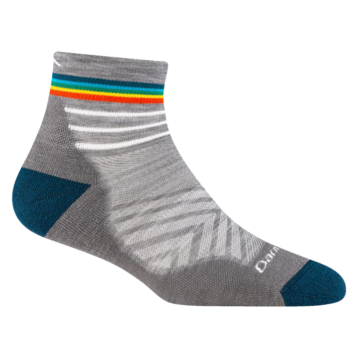 1048 women's quarter running sock in gray with white darn tough signature on forefoot rainbow stripes on cuff