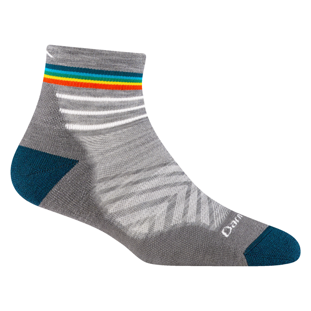 1048 women's quarter running sock in gray with white darn tough signature on forefoot rainbow stripes on cuff