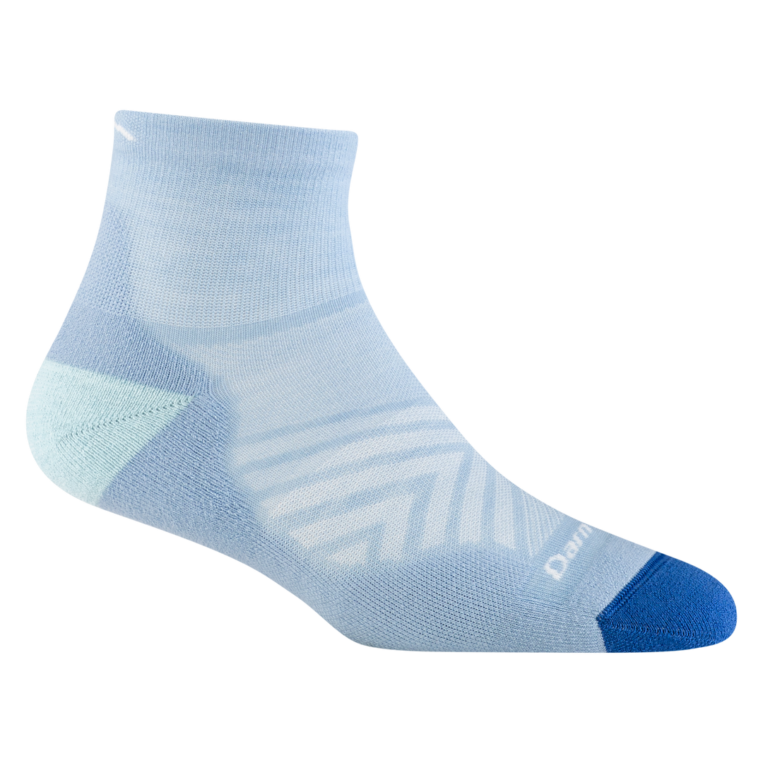 1048 women's quarter running sock in sky blue with dark blue toe and ice blue heel accents