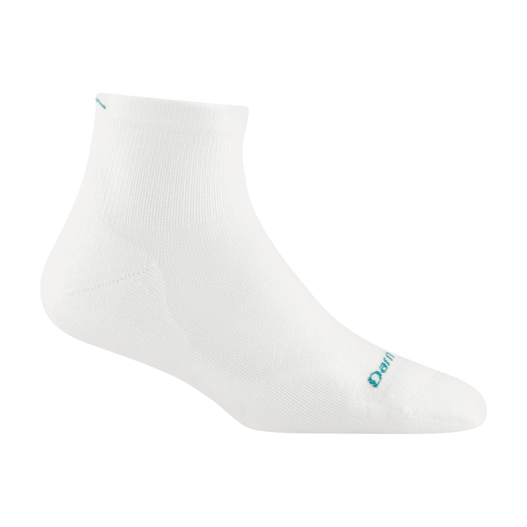 1048 women's quarter running sock in white with teal darn tough signature on forefoot