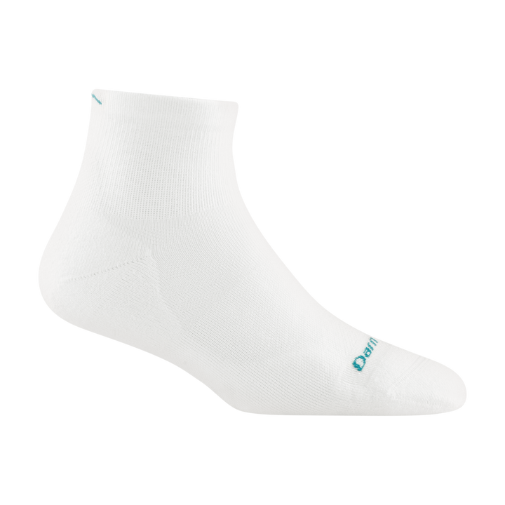 1048 women's quarter running sock in white with teal darn tough signature on forefoot