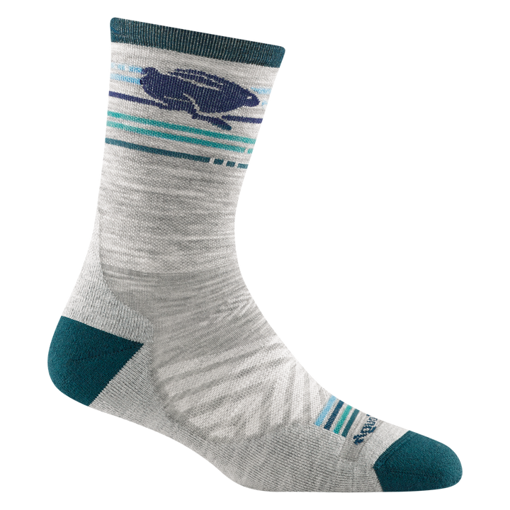 Reverse side of women's pacer micro crew running sock in gray with teal striping and fish detail on calf