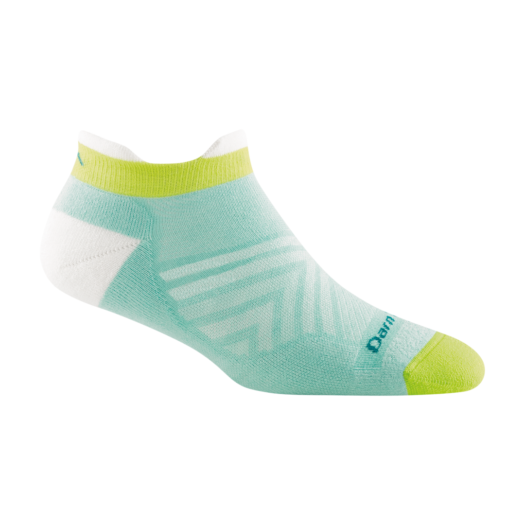 1052 women's coolmax run no show tab running sock in color aqua with lime green toe/tab and white heel accents