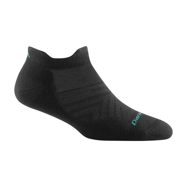 1052 women's coolmax run no show tab running sock in black with light blue darn tough signature on forefoot