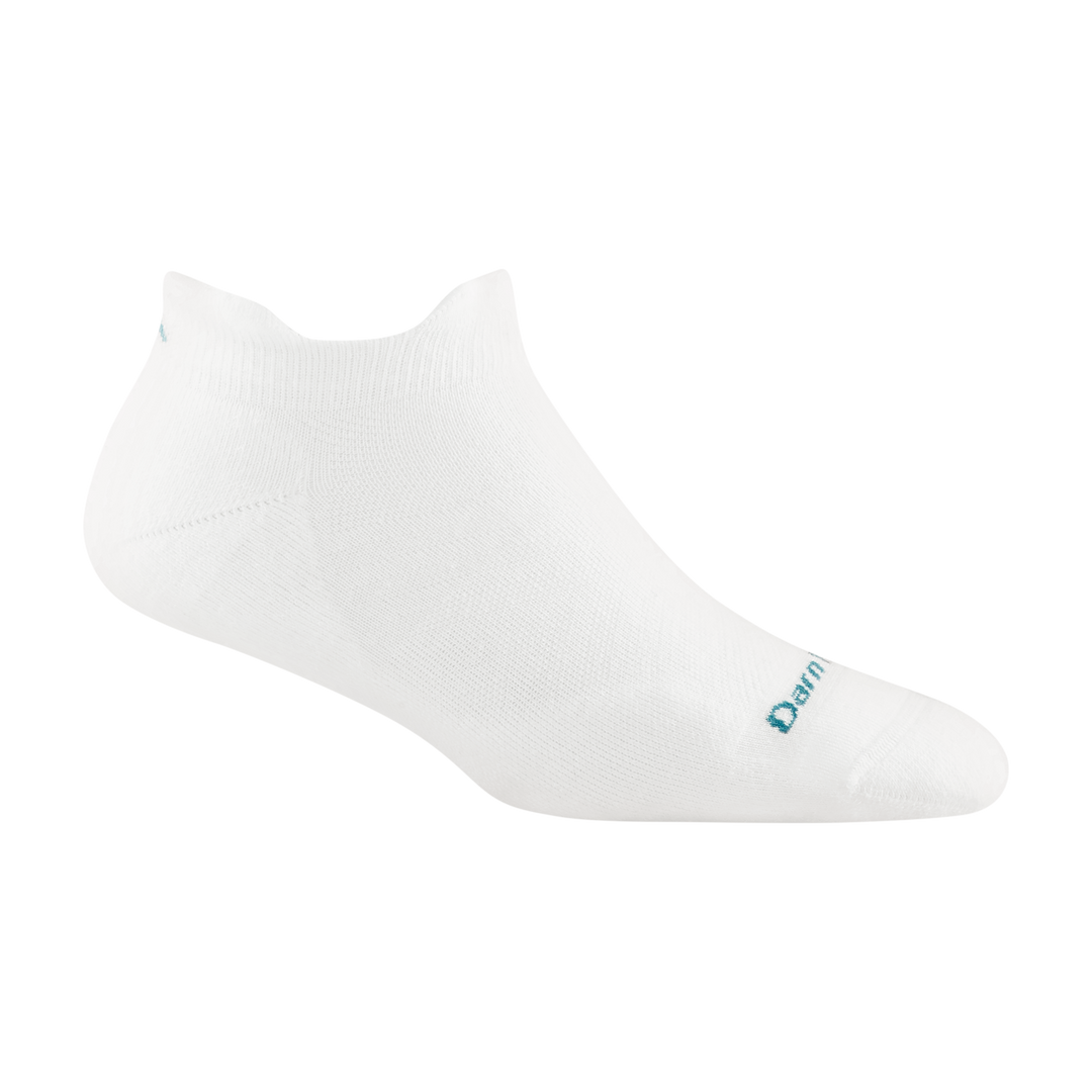 1052 women's coolmax run no show tab running sock in white with teal darn tough signature on forefoot