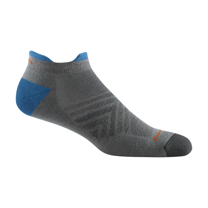 1054 men's coolmax no show tab running sock in gray with dark grey toe, blue heel/tab and orange darn tough signature