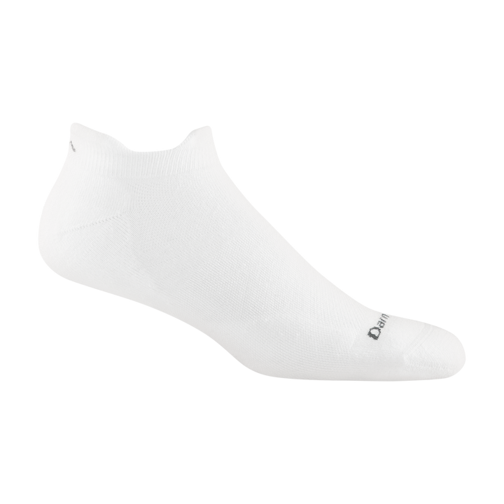 1054 men's coolmax no show tab running sock in white with dark grey darn tough signature on forefoot