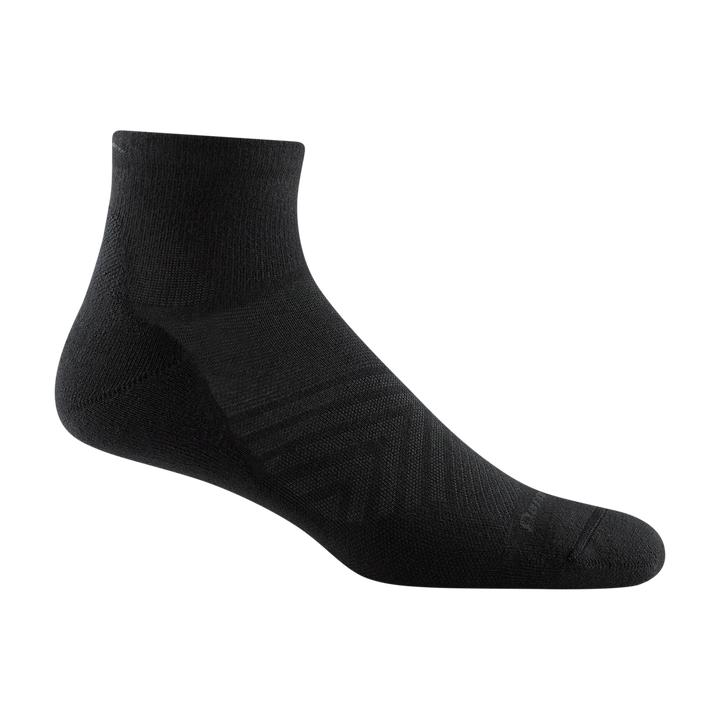 1055 men's coolmax quarter running sock in color black with dark grey darn tough signature on forefoot