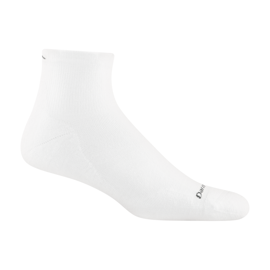 1055 men's coolmax quarter running sock in color white with gray darn tough signature on forefoot