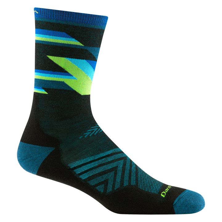 1056 men's bolt micro crew running sock in Black withteal accents and blue and green striping on ankle