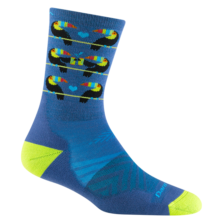 1060 women's toco loco micro crew running sock in baltic blue with lime green toe/heel accents and tucan bird details