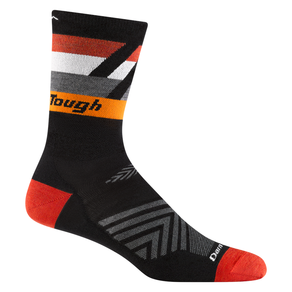 1061 men's grit micro crew running sock in black with orange, red, white, and gray thick leg striping