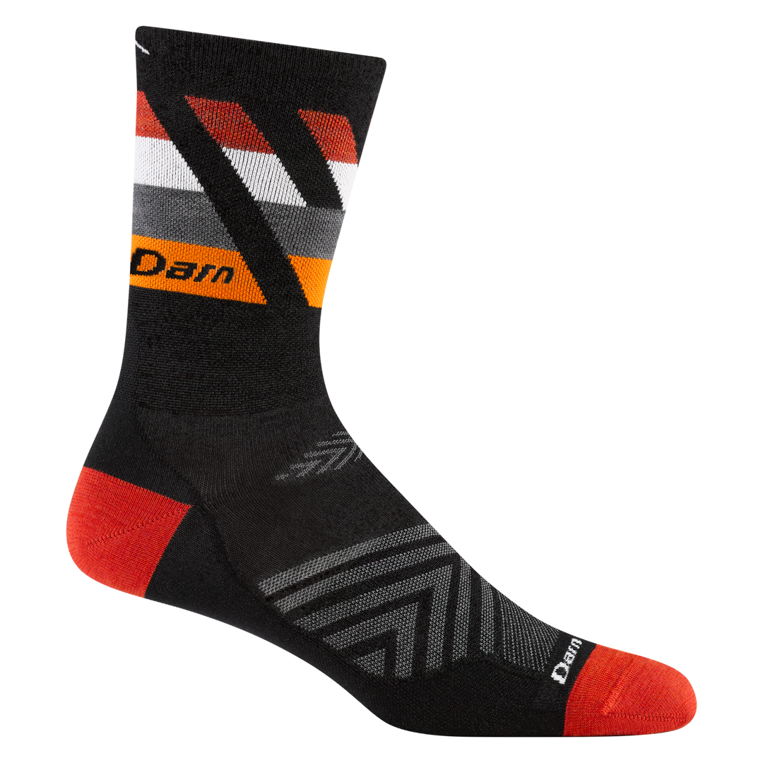 Reverse side of the men's grit micro crew running sock in black with red toe/heel accents and gray forefoot striping