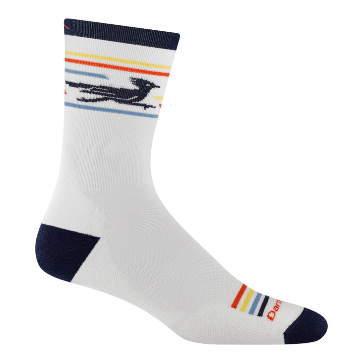 1062 Front runner in white micro crew featuring navy heel/toe with road runner on cuff