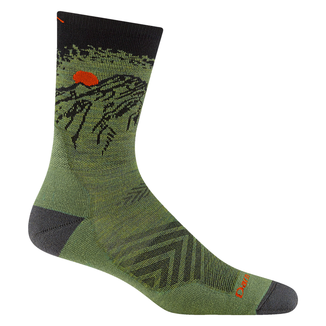 1056 men's vert micro crew running sock in Lichen with red accents and mountain scene on cuff