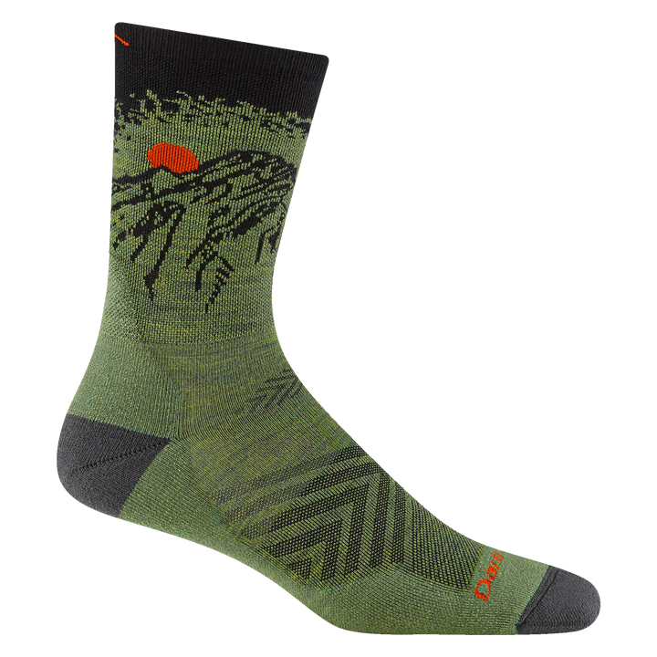 1056 men's vert micro crew running sock in Lichen with red accents and mountain scene on cuff