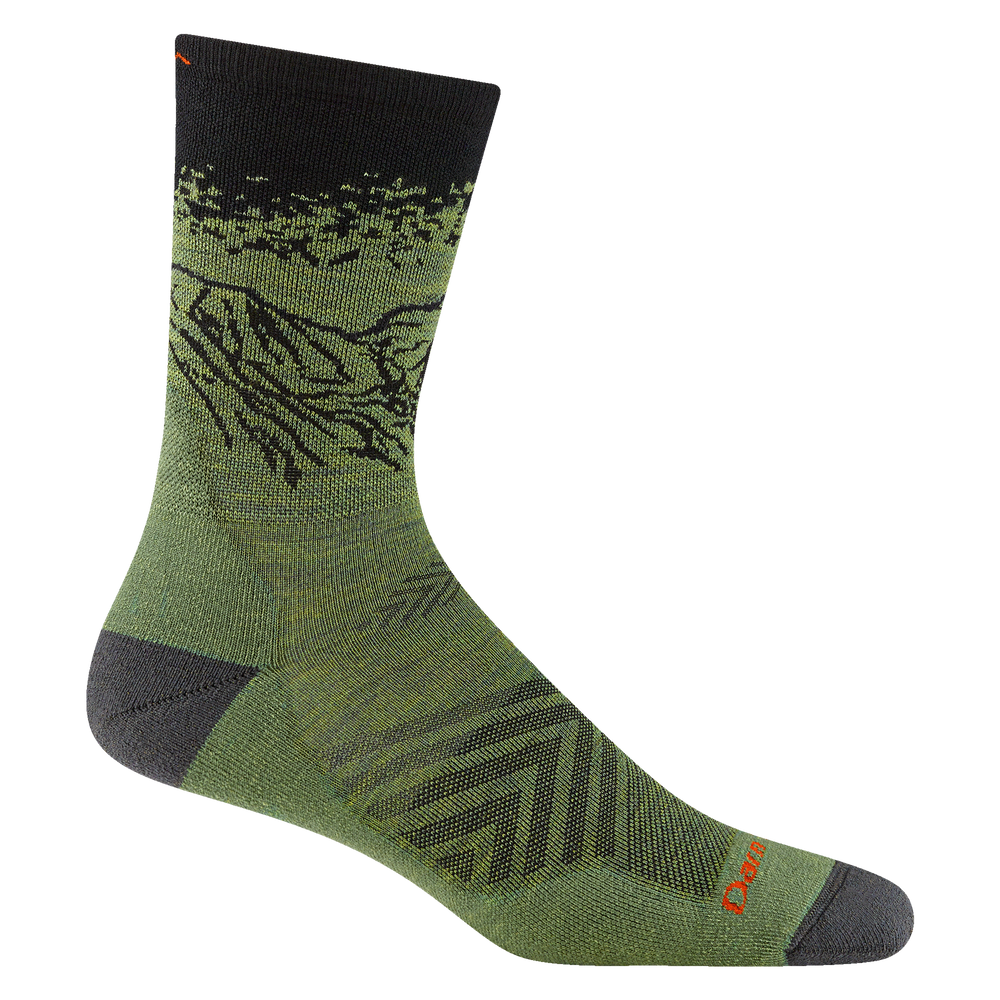 Reverse 1056 men's vert micro crew running sock in Lichen with red accents and mountain scene on cuff