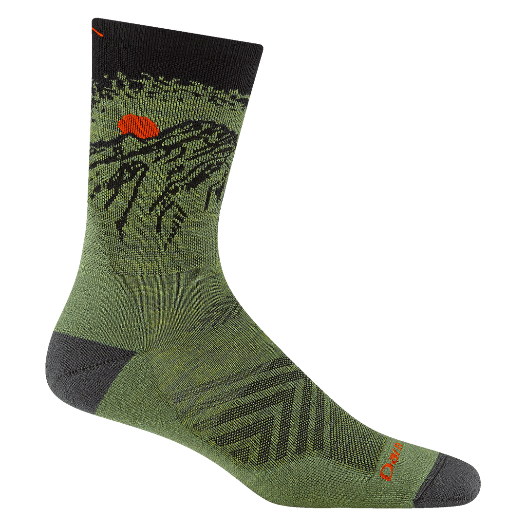 1056 men's vert micro crew running sock in Lichen with red accents and mountain scene on cuff