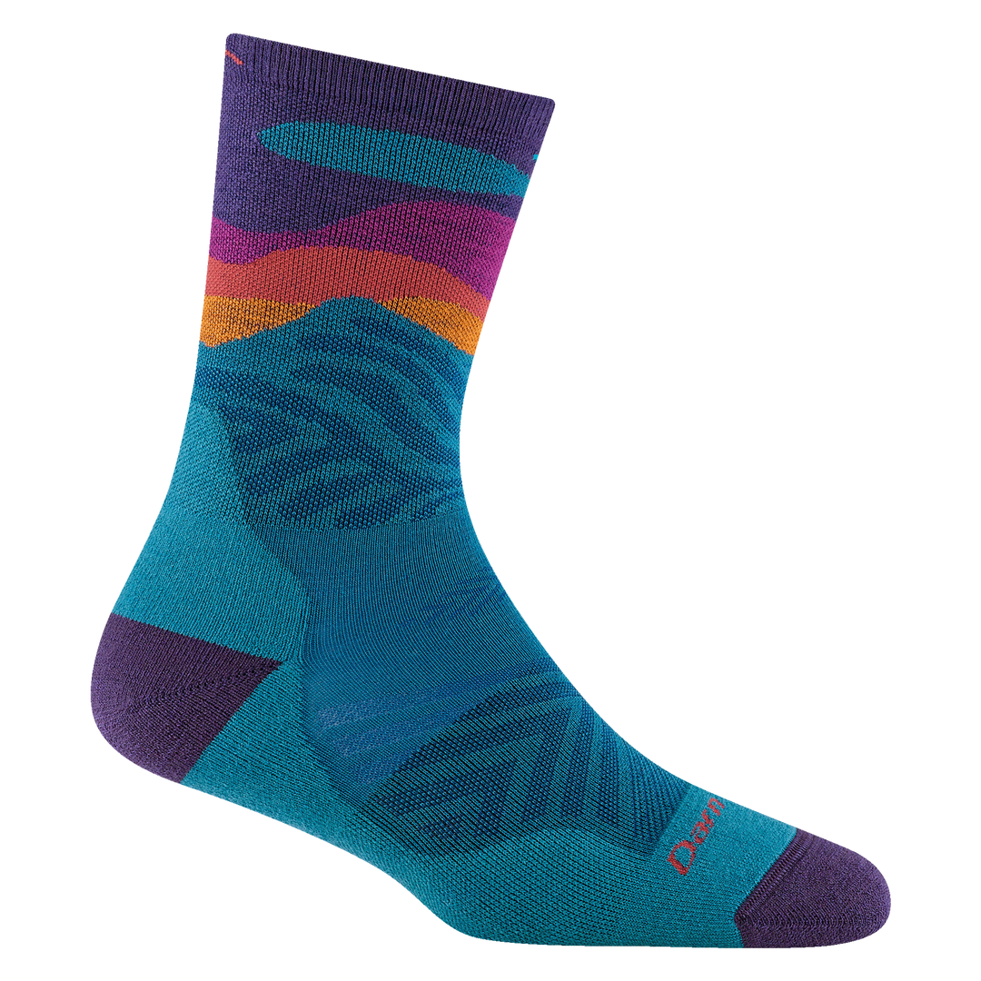 reverse 1067 Mirnavated micro crew running sock in cascade with an purple heel accent and cascade blue body body