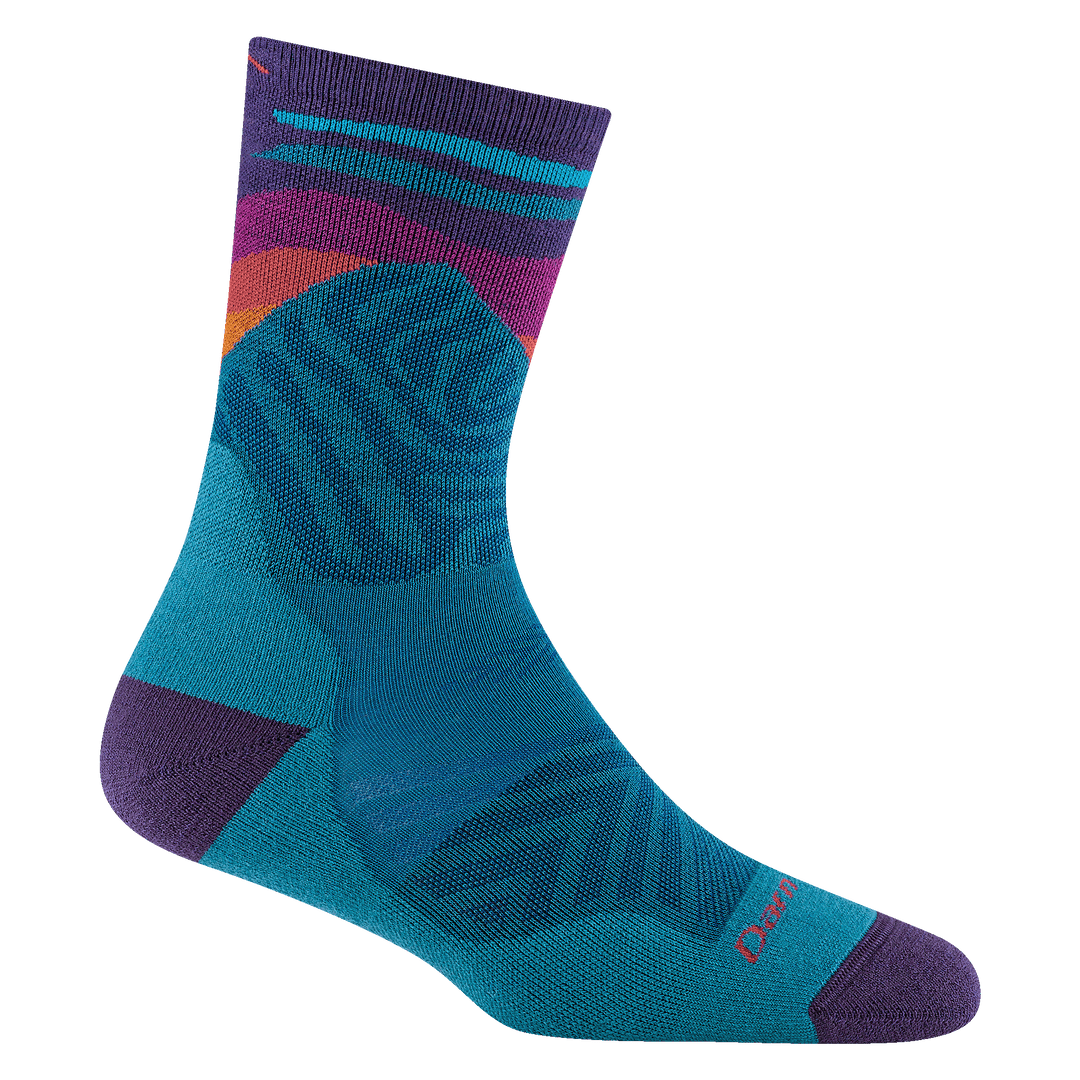 1067 Mirnavated micro crew running sock in cascade with an purple heel accent and cascade blue body body 