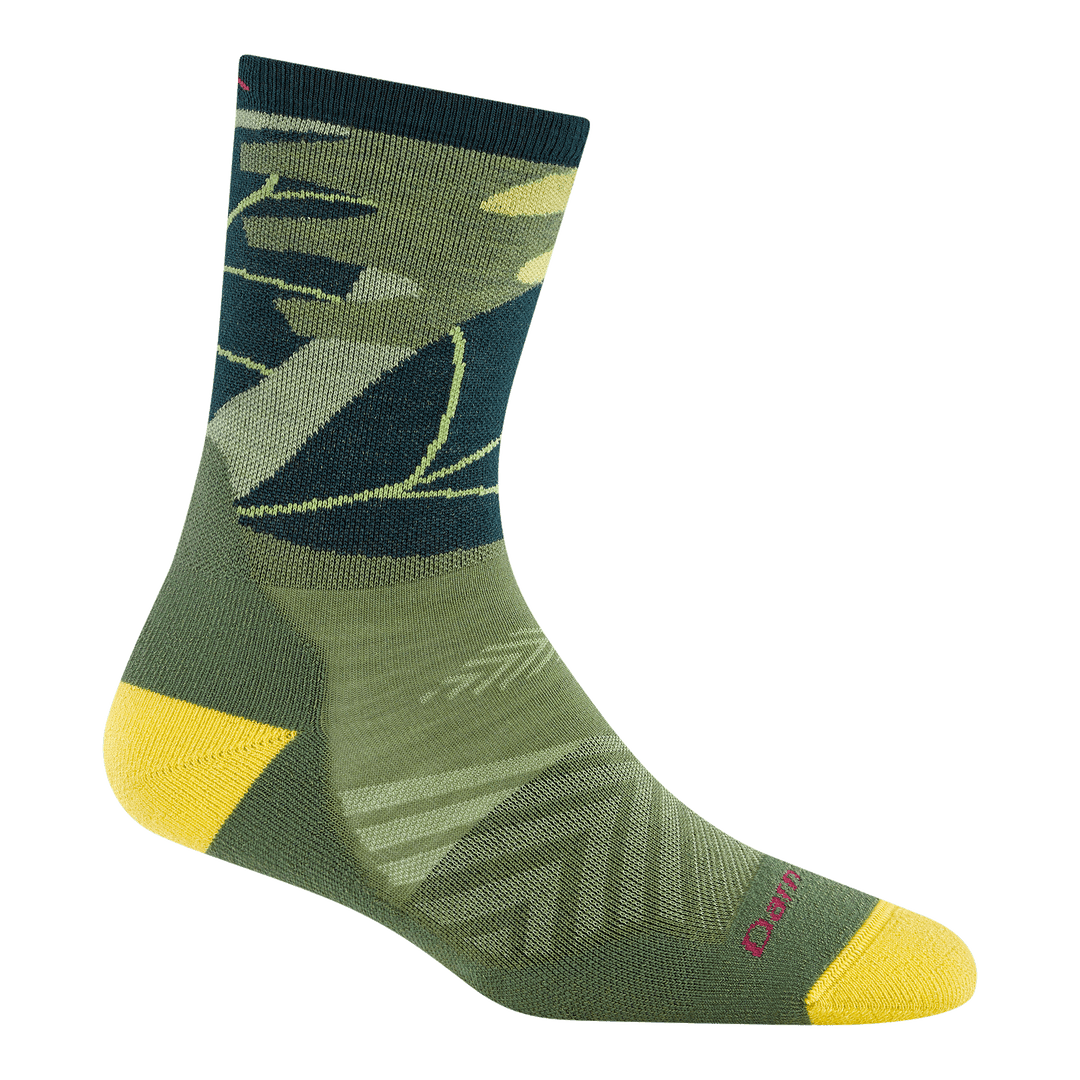 Reverse of 1069 run wild micro crew in palm green featuring green body yellow heel/toe and leaf on the leg