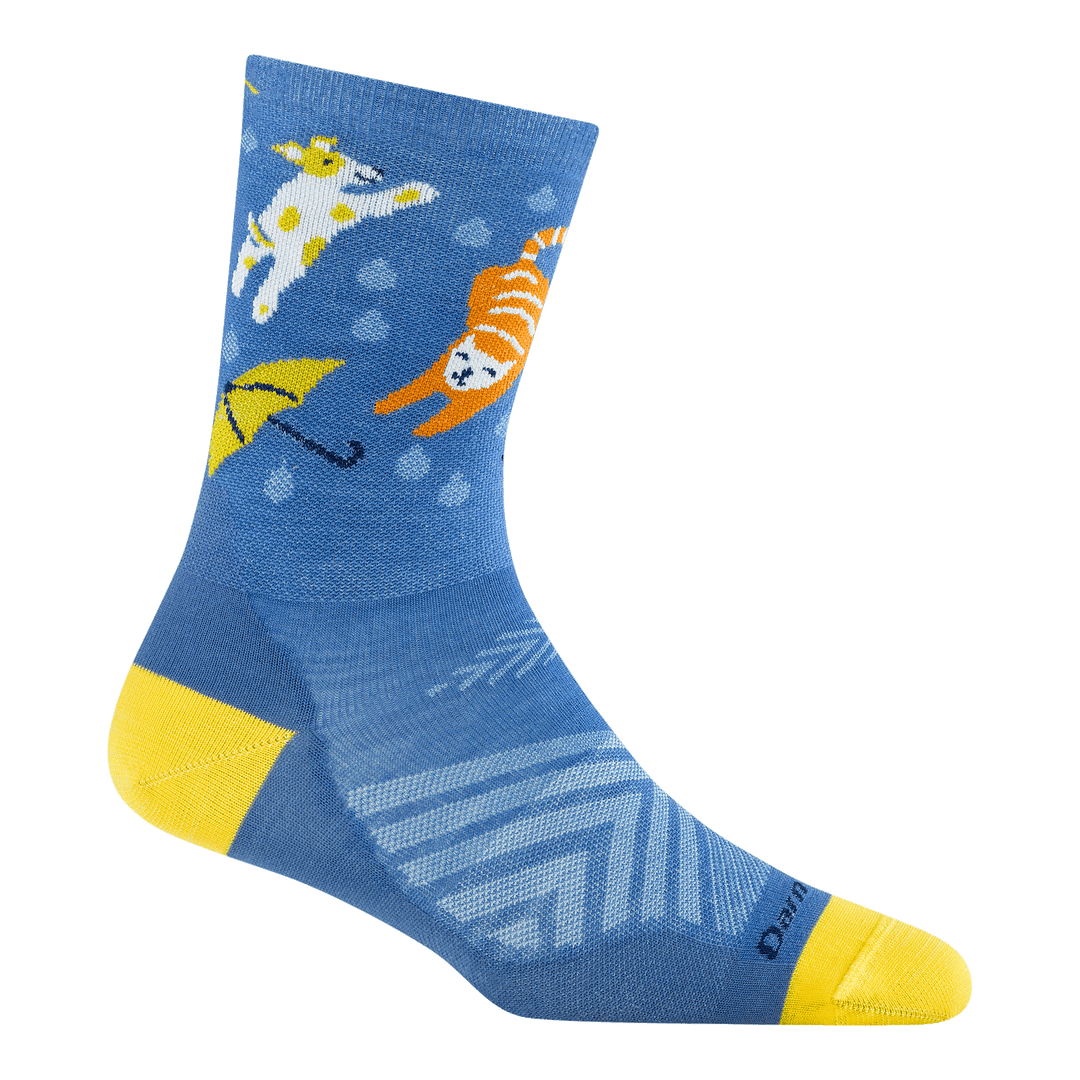 1070 ruff weather micro crew running sock in storm blue featuring a blue body yellow heel/toe and cats/dogs/umbrellas on the leg