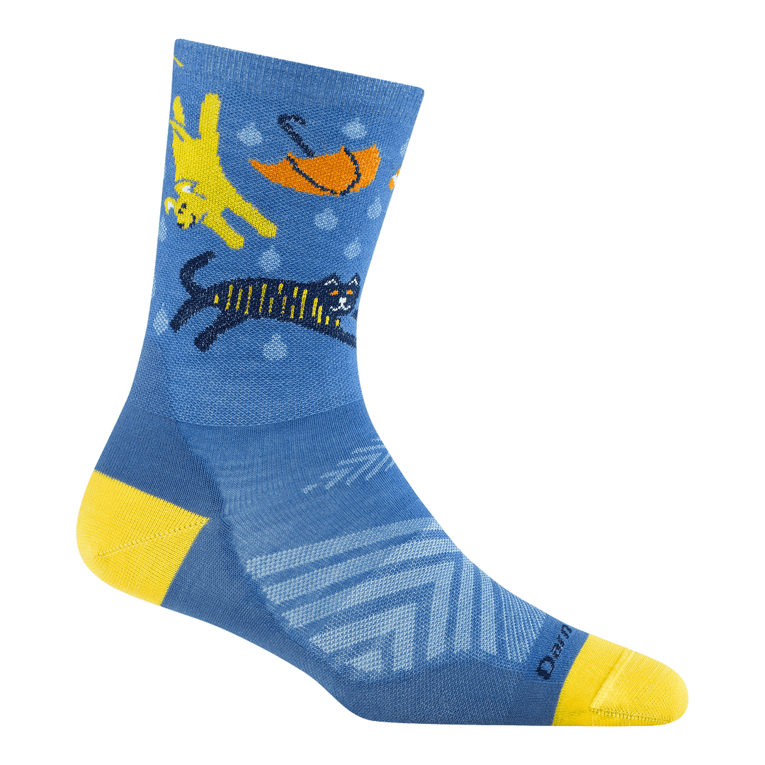 revese 1070 ruff weather micro crew running sock in storm blue featuring a blue body yellow heel/toe and cats/dogs/umbrellas on the leg