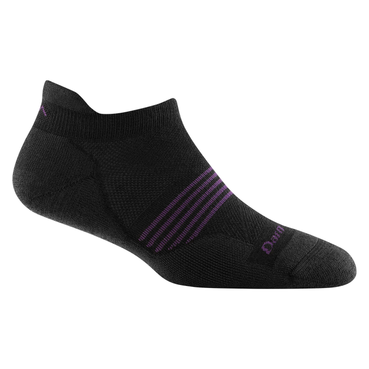 1112 women's element no show tab running sock in color black with purple forefoot striping