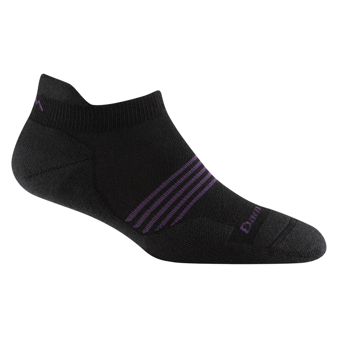 1112 women's element no show tab running sock in color black with purple forefoot striping 