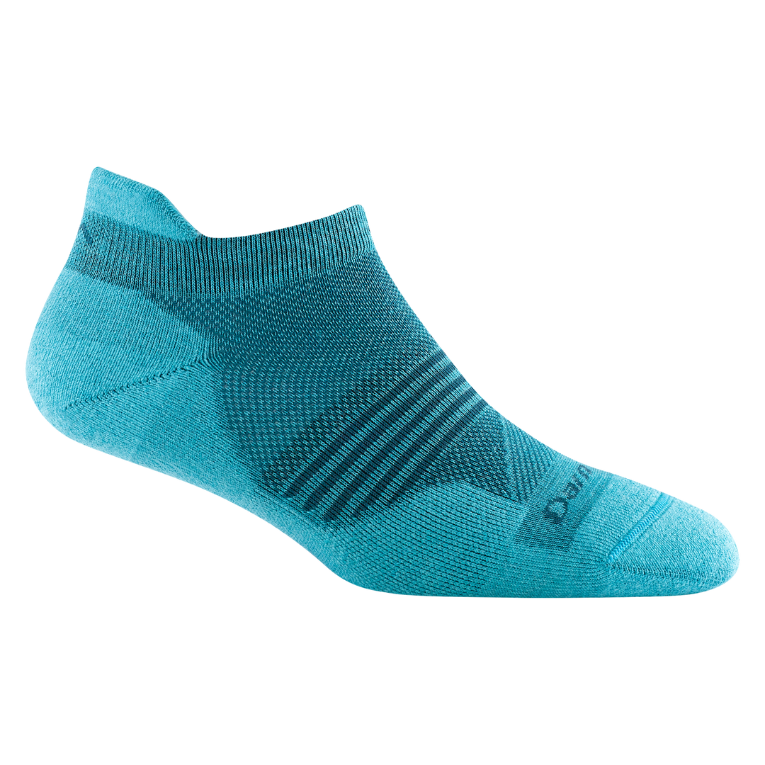 1112 women's element no show running sock in cyan with dark teal forefoot striping