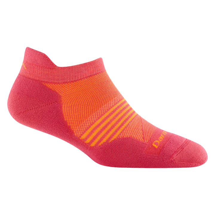 1112 women's element no show running sock in raspberry with orange forefoot striping