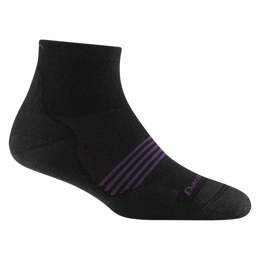 1113 women's element quarter athletic sock in color black with purple forefoot striping and darn tough signature