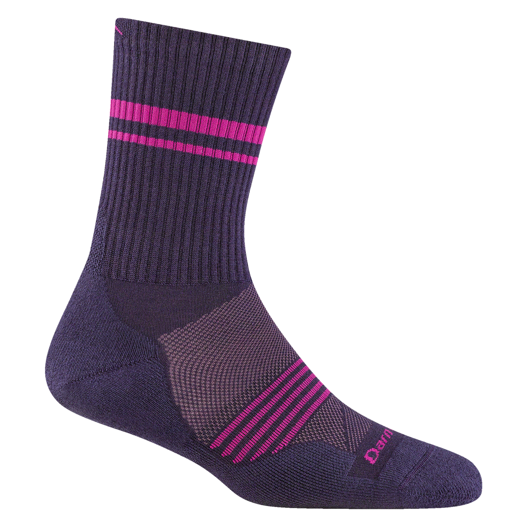 1114 women's element micro crew running sock in blackberry with pink forefoot striping and horizontal leg stripes