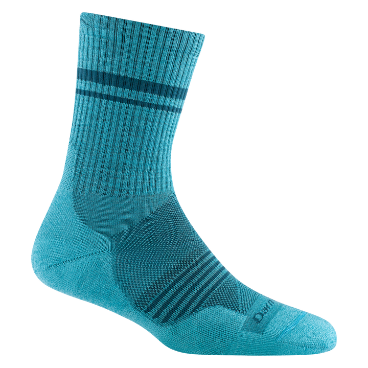 1114 women's element micro crew running sock in cyan with dark teal forefoot striping and horizontal leg stripes