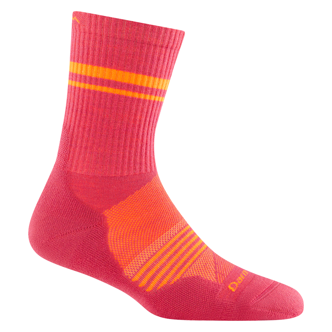 1114 women's element micro crew running sock in raspberry with orange forefoot striping and horizontal leg stripes