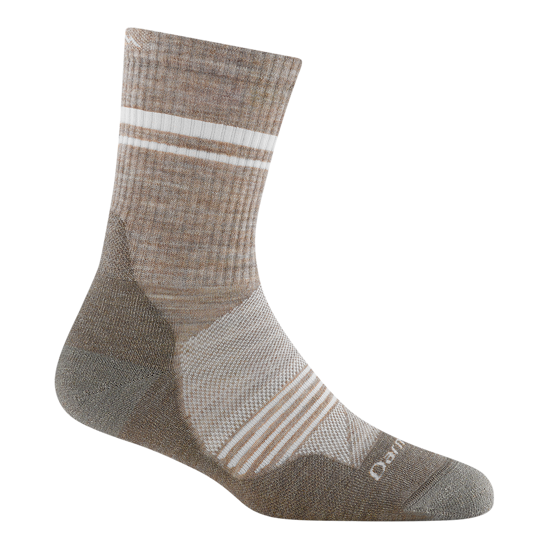 1114 Micro crew element lightweight running sock in limited edition colorway Rye featuring a gray/brown body and white stripes on the foot and leg.