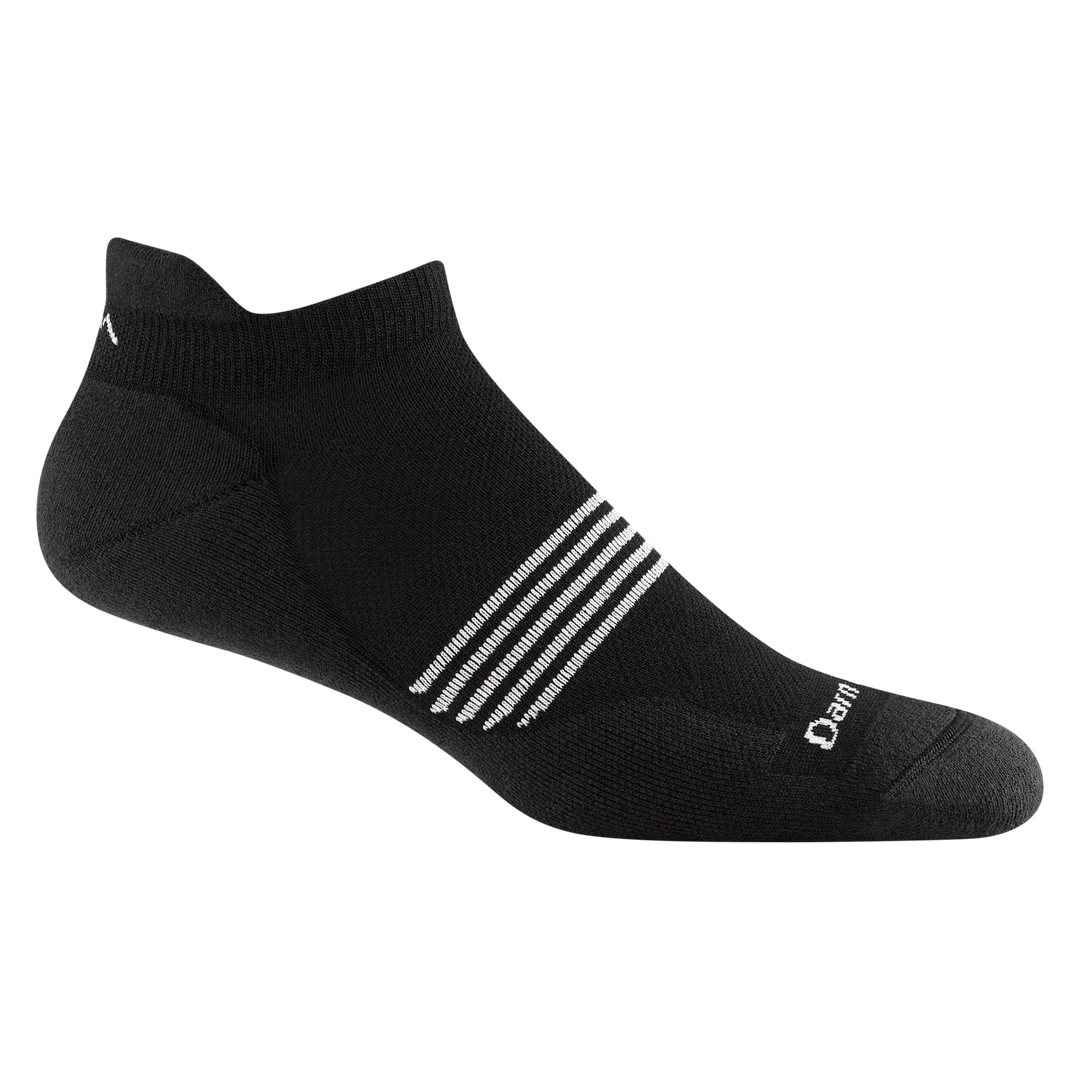 1116 men's element no show tab running sock in color black with white forefoot striping and darn tough signature