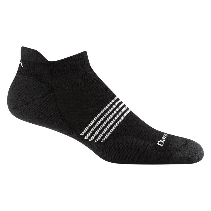 1116 men's element no show tab running sock in color black with white forefoot striping and darn tough signature