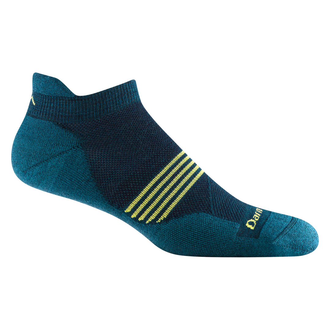 1116 men's element no-show tab running sock in dark teal with yellow horizontal forefoot striping