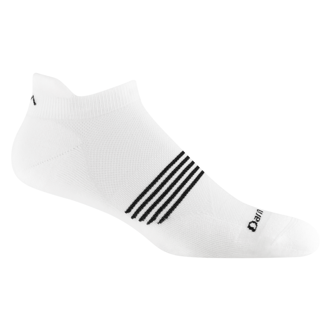 1116 men's element no show tab running sock in color white with black forefoot striping and darn tough signature