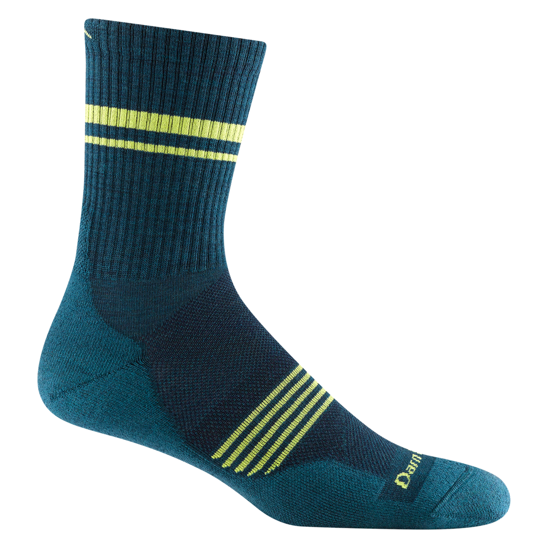 1118 men's element micro crew running sock in dark teal with yellow forefoot striping and 2 yellow leg stripes