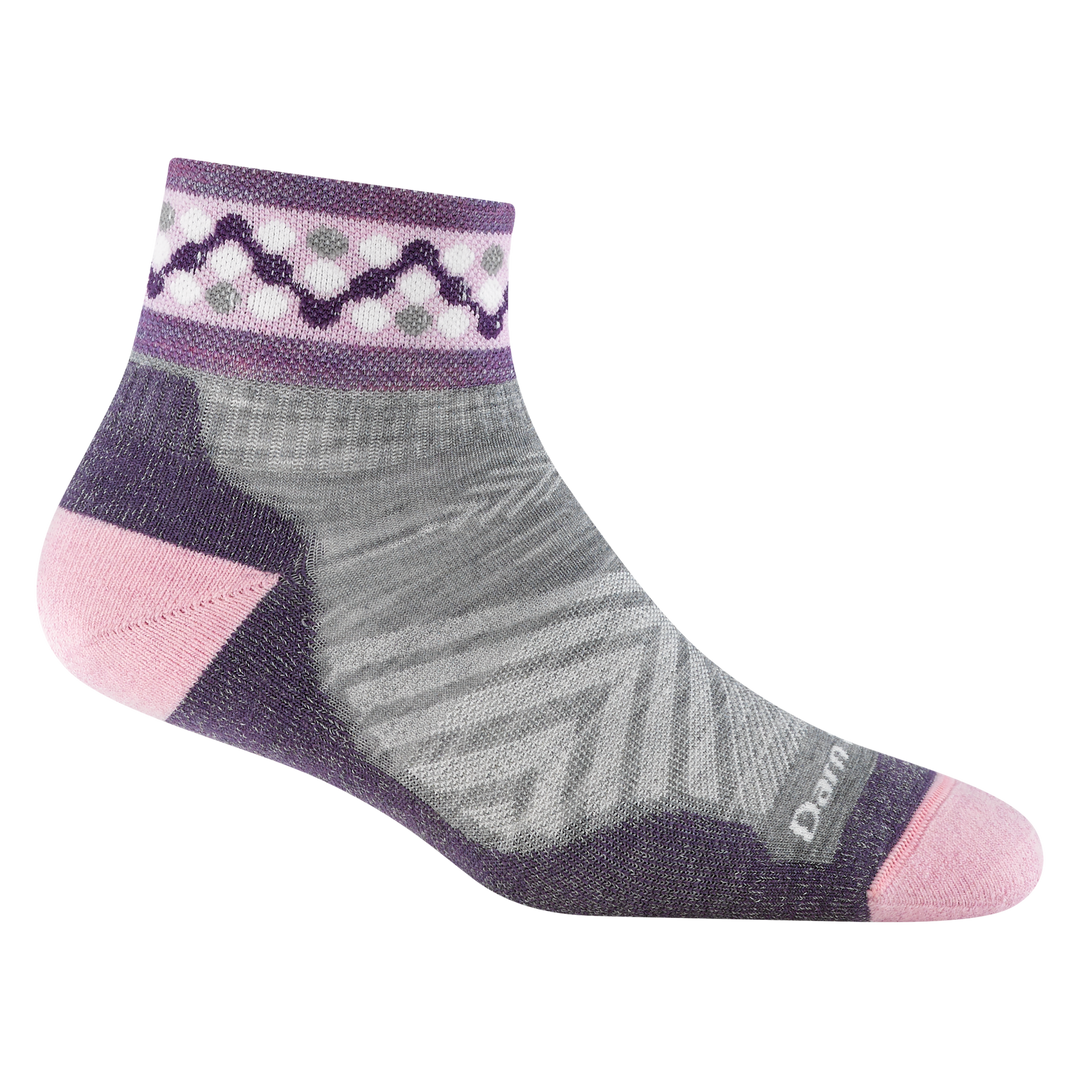1200 Throwback quarter run sock in ricrack plum with pink toe/heel accent purple/gray body and design on cuff
