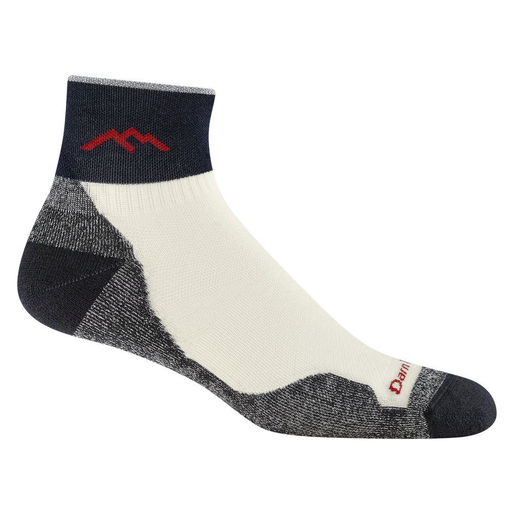 1201 Natural Ultra lightweight Quarter run sock with white body and navy blue heel/Toe and red mountain logo  