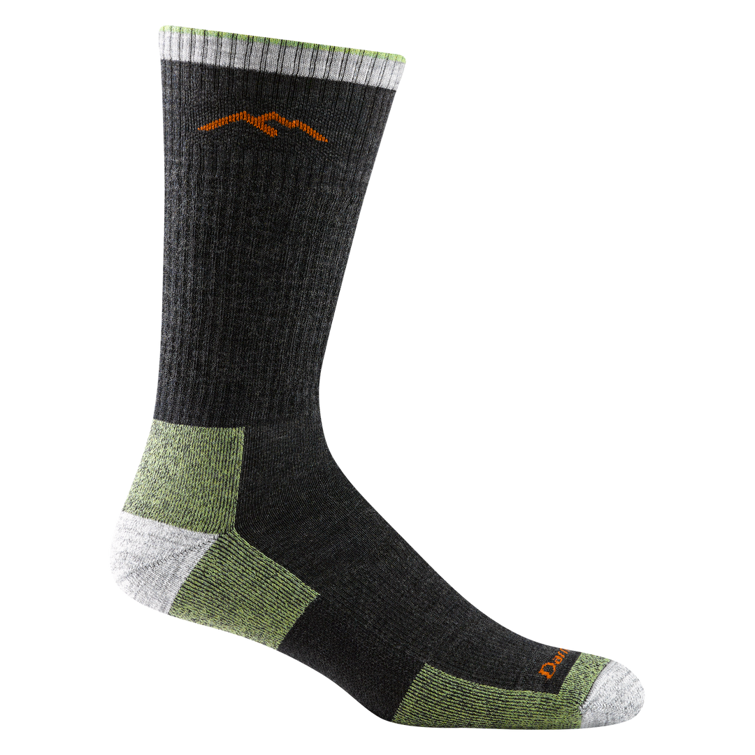 1403 men's hiking boot sock in color dark gray with light gray toe/heel accents and lime green color block on bottom