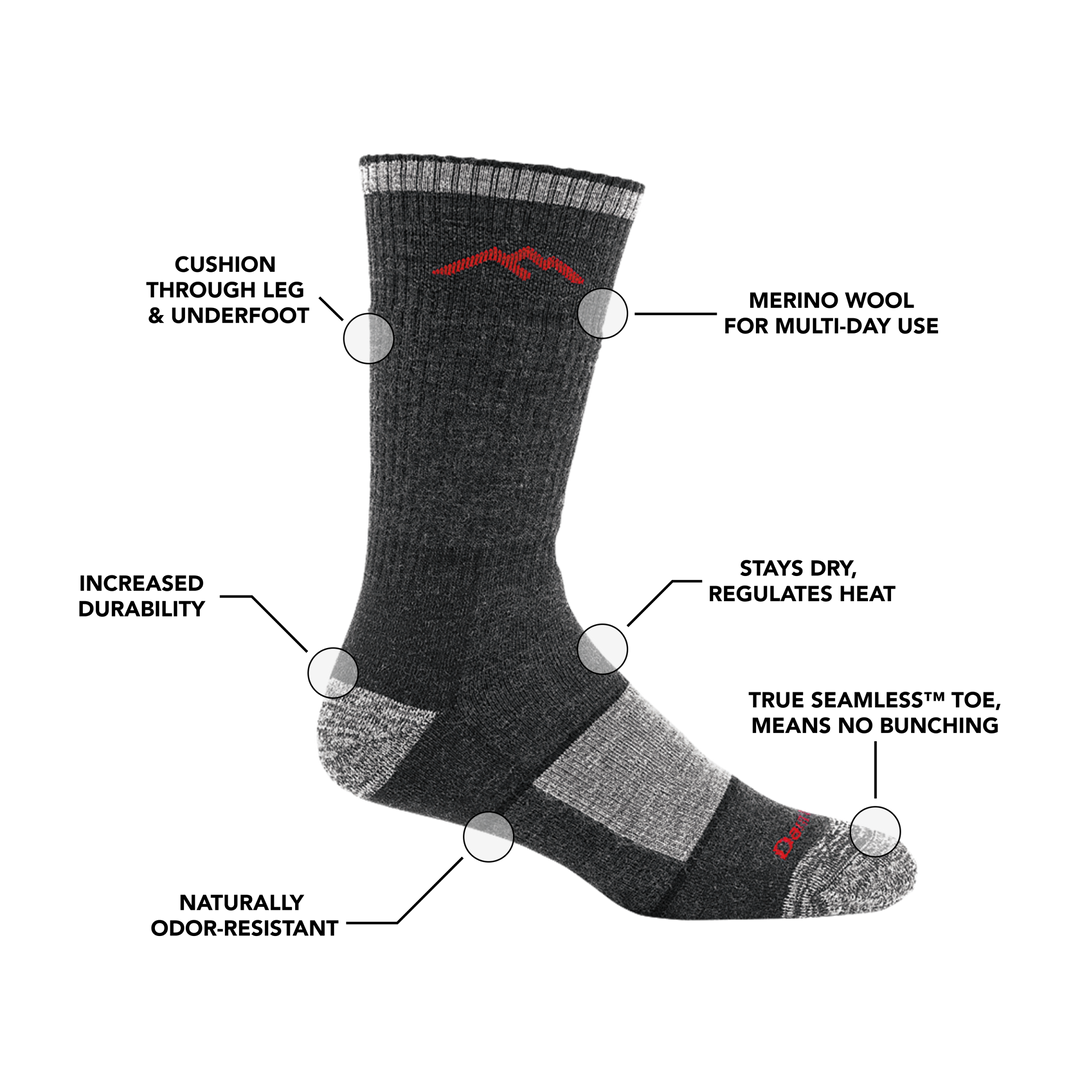 Image of Men's Hiker Boot sock calling out all of it's features and benefits
